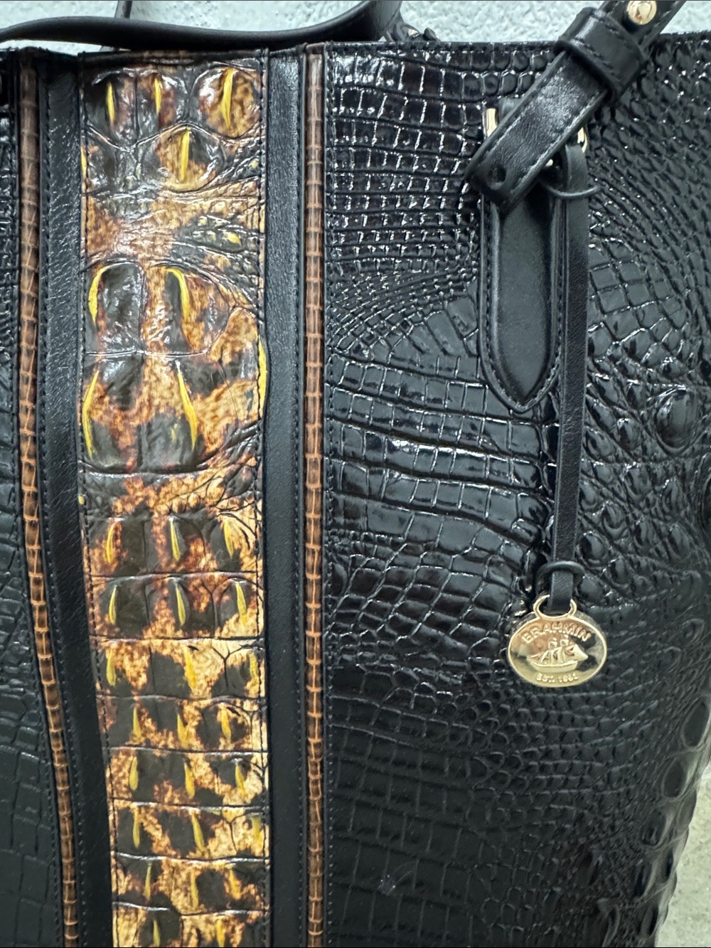 Brahmin Black Croc “Ezra untamed Kairos” Tote with Leopard-Print Center Panel - Picture 2 of 9